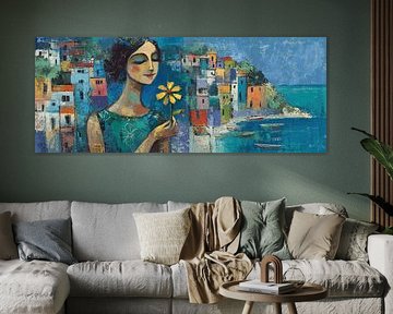 Californië schilderij | Kleurrijke huizen en vrouw van Abstract Schilderij