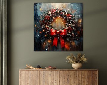 Couronne de Noël avec nœud sur Peinture Abstraite
