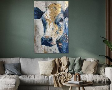 Golden Serenity - Minimalistische Kuh in Marineblau