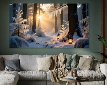 Lueur du soir dans la forêt de Noël