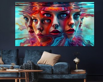 Vijf gezichten van een vrouw - tussen opduiken en zinken, een vloeiende weerspiegeling van dezelfde identiteit in het rijk van water, licht en droom van AidasignArt