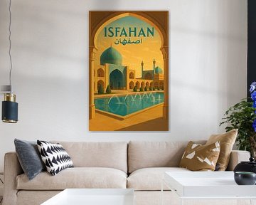 Die Hälfte der Welt: Art Deco Isfahan Reiseplakat mit Sonnenschliff