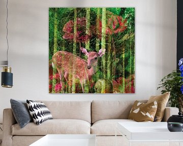 Deer in the forest with big red flowers by A perfect day studio