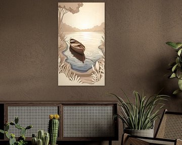 Serene Paper Cut Lake with Wooden Rowboat at Sunset by Clay Artista