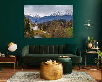 The Maria Gern pilgrimage church in Berchtesgaden and the Watzmann massif in the background by Marga Vroom
