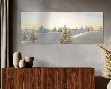Wellenförmige Schneelandschaft mit weißen Tannen im Abendlicht von Besa Art