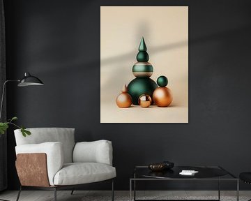 Sculpture de Noël minimaliste composée d'ornements verts et dorés