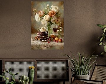 Romantic Still Life - Cake, Flowers, and Summer Fruit Painting by Joriali photography and paintings
