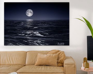 wide ocean waves horizon moon night background