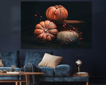 Pumpkins & berries in the dark by Sabine Schemken