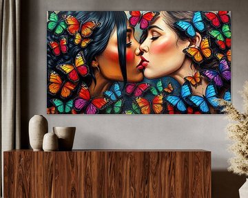 A kiss between two women and two worlds: Tender union in the hovering wings of colourful butterflies by AidasignArt