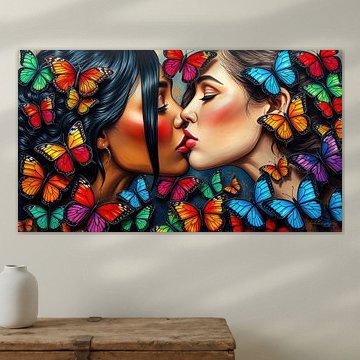 A kiss between two women and two worlds: Tender union in the hovering wings of colourful butterflies