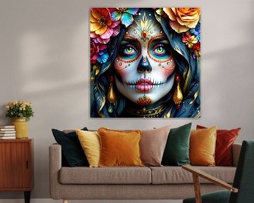 Día de los Muertos - Three penetrating views in La Catrina-inspired depiction, artistic intensity and cultural depth, a triptych celebrating the Day of the Dead in Mexico (1 of 3) by AidasignArt