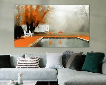 The Flamingos at the Autumn Pool by Karina Brouwer