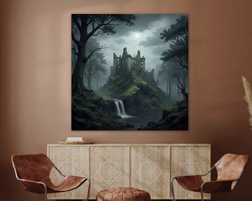 Ruines d'un ancien château sur une colline moussue avec chute d'eau la nuit sur Markus Gann