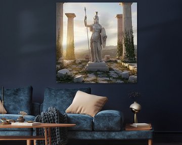 Athena goddess statue in ancient greek temple ruins at sunset by Markus Gann