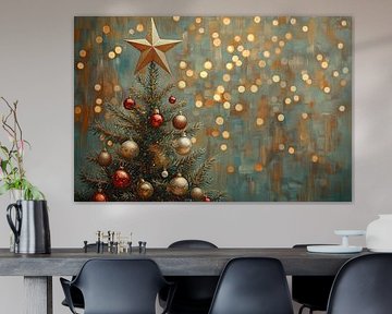 Sapin de Noël avec étoile d'or sur Peinture Abstraite