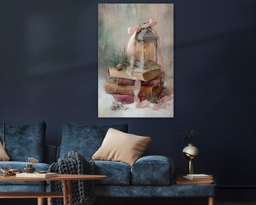 Winter Stilleven - Lantaarn met Boeken en Zachte Sneeuw