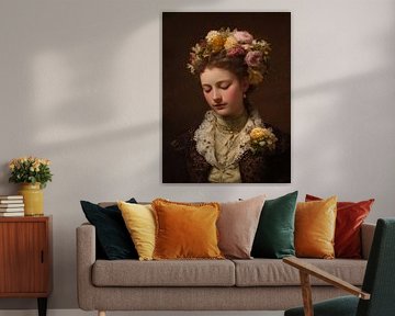 Élégante dame du XIXe siècle portant une couronne florale dans une atmosphère classique et chaleureuse