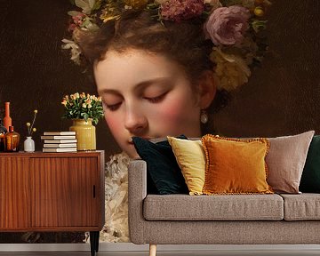 Elegante Dame aus dem neunzehnten Jahrhundert mit Blumenkranz in warmer klassischer Atmosphäre