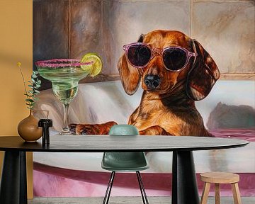 Dackel im rosa Schaumbad mit Cocktail und sonnigem, humorvollem Blick