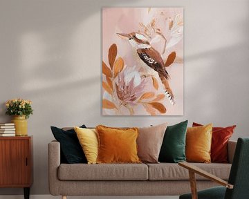 Peinture abstraite douce d'un kookaburra dans des tons chauds de rose et de terre
