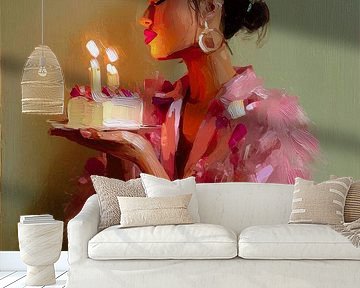 Frau in rosa Partykleid mit Geburtstagskerzen in warmer malerischer Atmosphäre