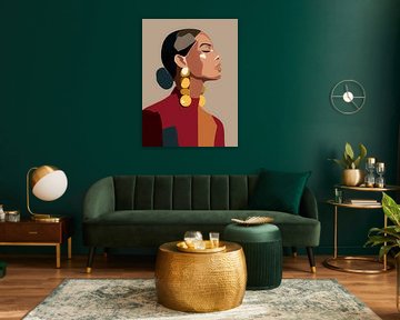 Geometrisches modernes Porträt einer Frau mit goldenen Ohrringen in warmen Erdtönen