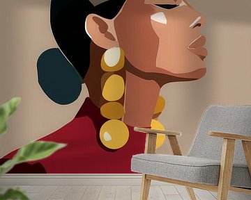 Geometrisches modernes Porträt einer Frau mit goldenen Ohrringen in warmen Erdtönen