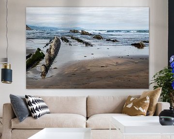 Coastal Beach With Rocky Outcrops and Cliffside Shoreline Under Cloudy Sky