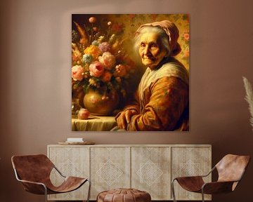 Oude vrouw met bloemen van Tatjana Korneeva