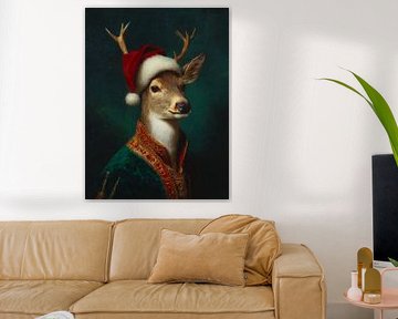 Classic Christmas portrait of a deer in richly decorated clothes and red Santa hat by But First Framing