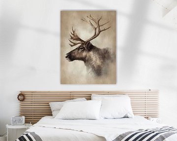 Detaillierte Aquarellillustration eines Rentieres in warmen Naturtönen