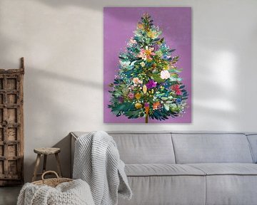 Festive floral Christmas tree in colourful botanical style by But First Framing