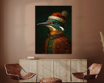 Christmas portrait of a kingfisher in richly decorated dress and red Santa hat by But First Framing