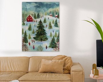 Atmospheric winter landscape with decorated Christmas tree and cheerful village scenes by But First Framing