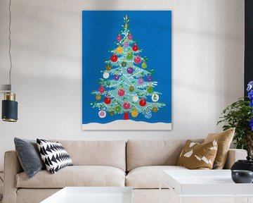 Cheerful colourful Christmas tree illustration with classic baubles on blue background by But First Framing