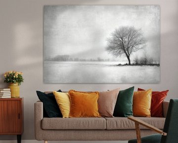 Einsamer Baum - Minimalistische Wintermalerei