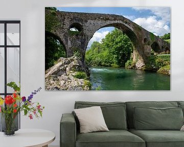 Stenen brug over een rustige rivier omgeven door weelderig groen in spanje van ChrisWillemsen