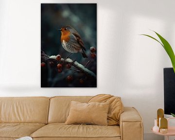 Winter Vogel Schilderij - Roodborstje op Besneeuwde Tak