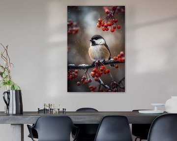 Winter Vogel Schilderij - Koolmees Tussen Rode Bessen