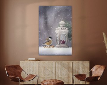 Winter Stilleven met Vogel - Koolmees bij Lantaarn