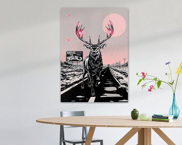 Pink-Accented Deer on the Road – Minimalist Black & White by MIROKKU