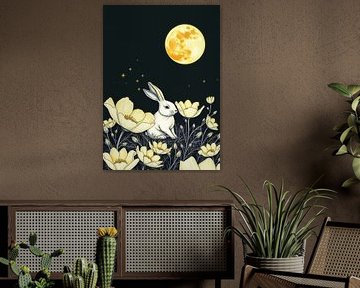 White Rabbit in Yellow Flower Garden – Golden Moon Night by MIROKKU