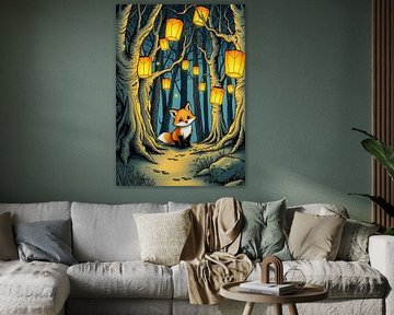 Little Red Fox in Lantern-Lit Forest – Magical Night by MIROKKU