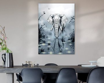 Elefant im nebligen Sumpf - Atmosphärische Naturkunst