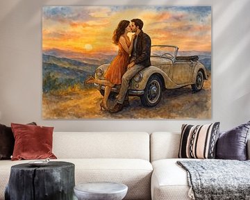 Romantischer Kuss bei Sonnenuntergang auf altem Cabrio (AI) (Liebe, verliebt, Vorspiel, Gemälde) von Natalie Bruns