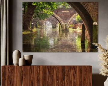 Zicht op de Hamburgerbrug, de Weesbrug, Smeebrug, Geertebrug en Vollersbrug in Utrecht (DIGITAL PAINTING) van André Blom Fotografie Utrecht