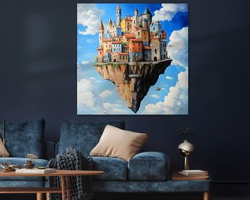 Kleurig stadje zwevend op een rots, surrealisme van Jan Bechtum