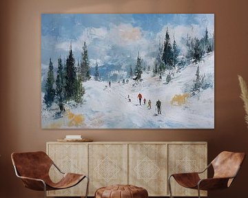 Peinture impressionniste à l'huile d'un paysage d'hiver - Skieurs dans la neige sur Dessins et peintures de Peter Pen